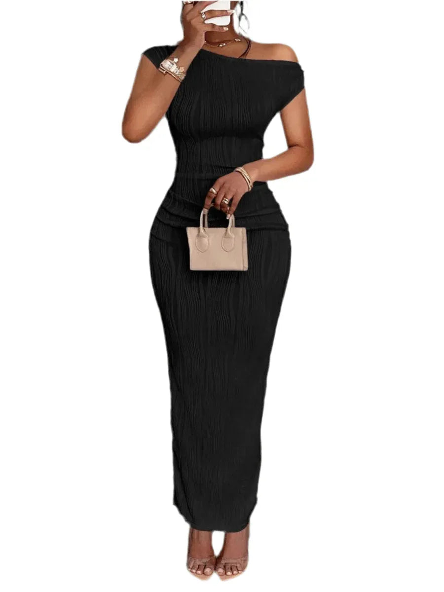 Elegant Textured Maxi Dress - Single Shoulder Bodycon Style for Modern Women - Allen-Fitness