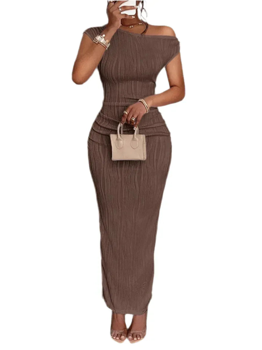 Elegant Textured Maxi Dress - Single Shoulder Bodycon Style for Modern Women - Allen-Fitness