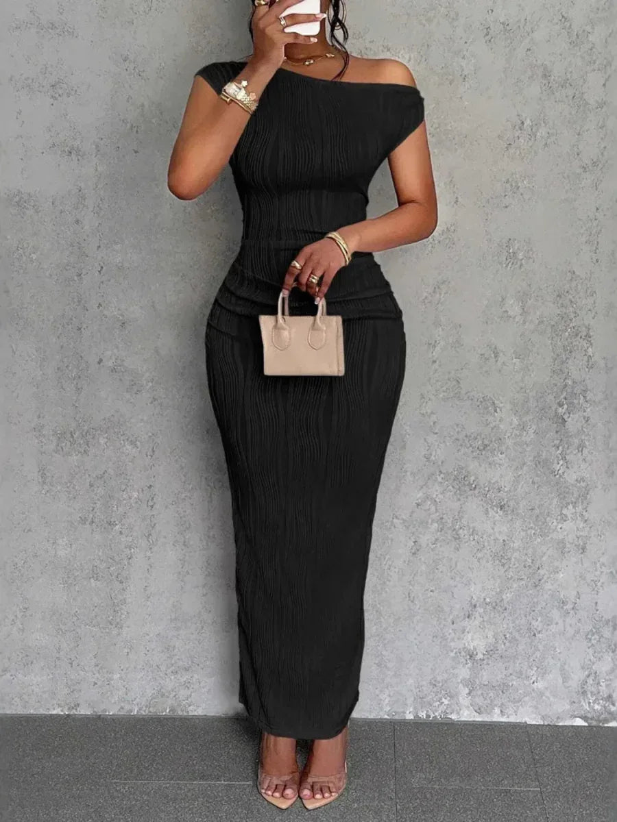 Elegant Textured Maxi Dress - Single Shoulder Bodycon Style for Modern Women - Allen-Fitness