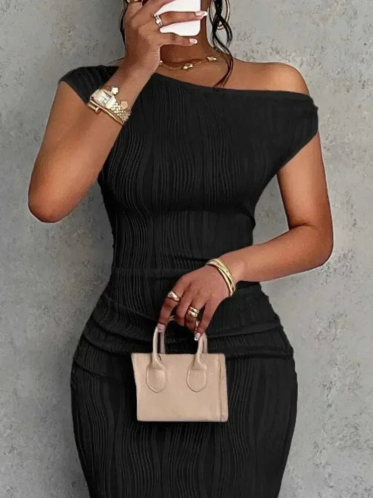 Elegant Textured Maxi Dress - Single Shoulder Bodycon Style for Modern Women - Allen-Fitness