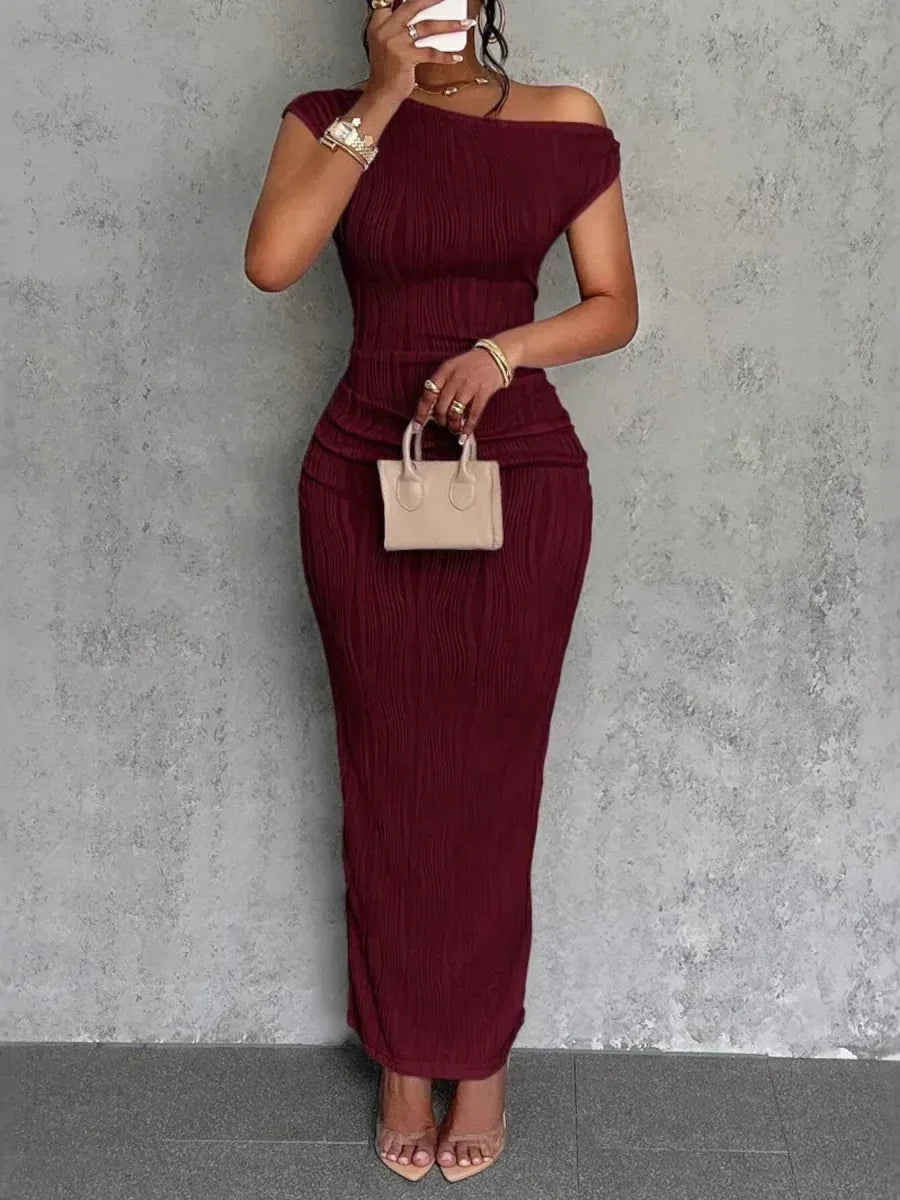 Elegant Textured Maxi Dress - Single Shoulder Bodycon Style for Modern Women - Allen-Fitness