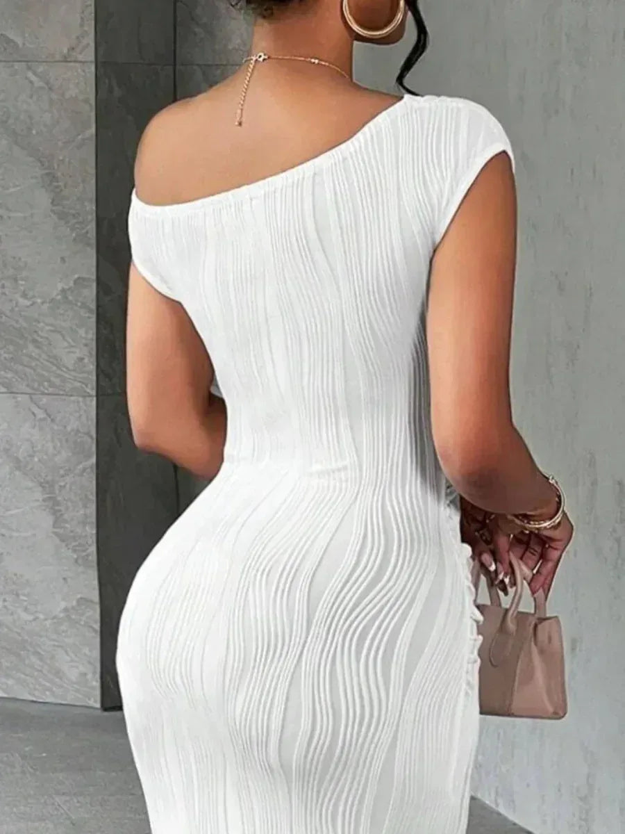 Elegant Textured Maxi Dress - Single Shoulder Bodycon Style for Modern Women - Allen-Fitness