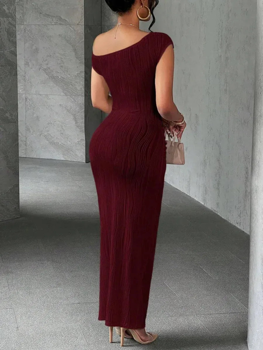 Elegant Textured Maxi Dress - Single Shoulder Bodycon Style for Modern Women - Allen-Fitness