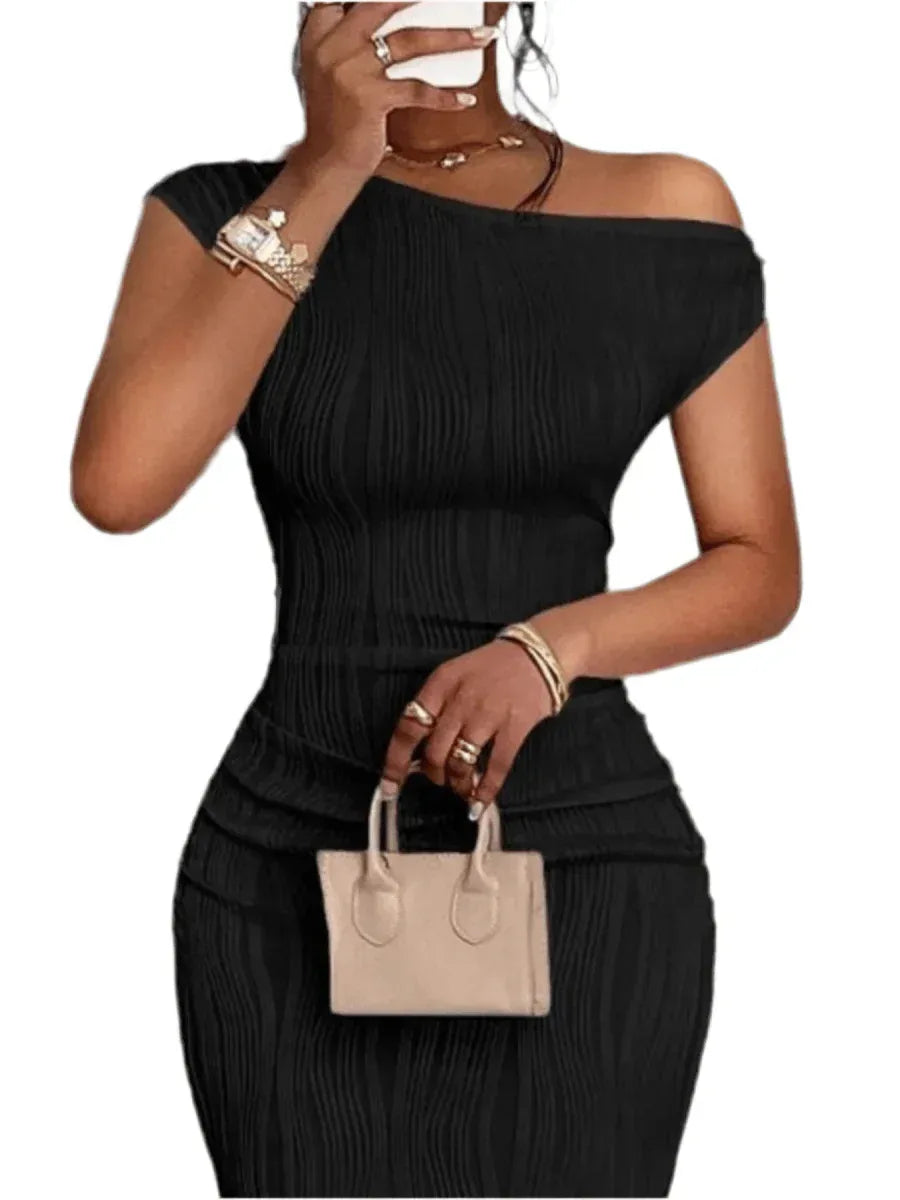 Elegant Textured Maxi Dress - Single Shoulder Bodycon Style for Modern Women - Allen-Fitness