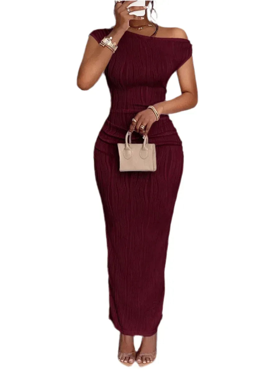 Elegant Textured Maxi Dress - Single Shoulder Bodycon Style for Modern Women - Allen-Fitness