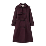 Elegant Trench Coat for Women - Belted, Long Sleeve, Solid Color, Available in Dark Red and Deep Khaki - Allen-Fitness