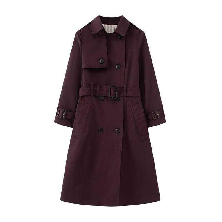 Elegant Trench Coat for Women - Belted, Long Sleeve, Solid Color, Available in Dark Red and Deep Khaki - Allen-Fitness