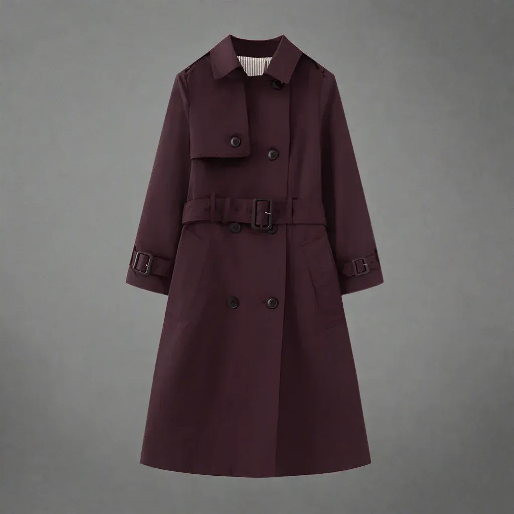 Elegant Trench Coat for Women - Belted, Long Sleeve, Solid Color, Available in Dark Red and Deep Khaki - Allen-Fitness