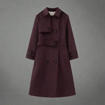 Elegant Trench Coat for Women - Belted, Long Sleeve, Solid Color, Available in Dark Red and Deep Khaki - Allen-Fitness