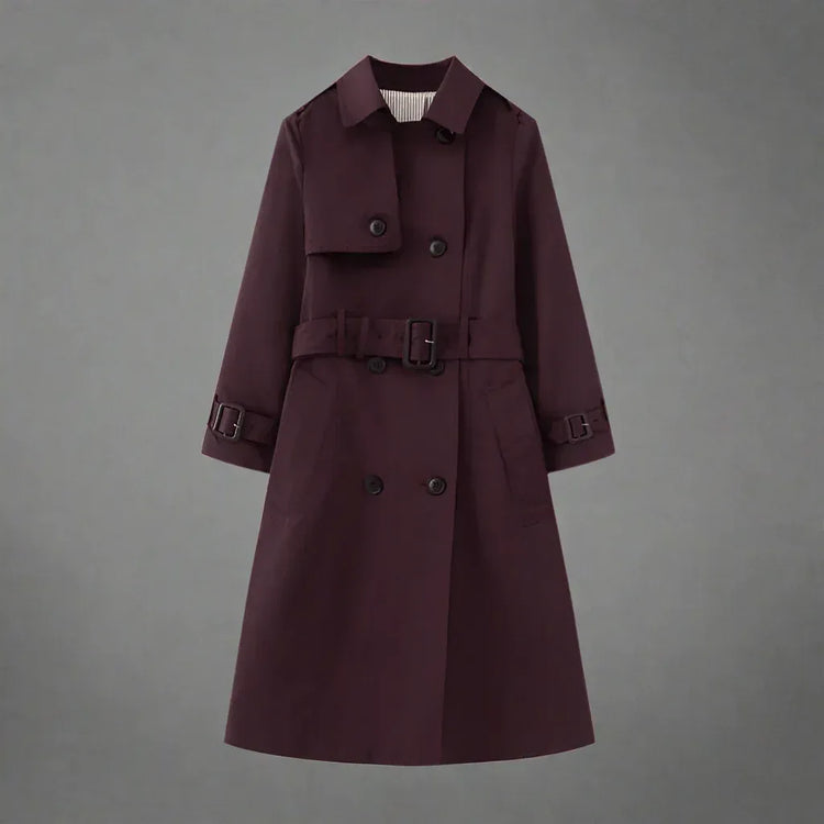 Elegant Trench Coat for Women - Belted, Long Sleeve, Solid Color, Available in Dark Red and Deep Khaki - Allen-Fitness