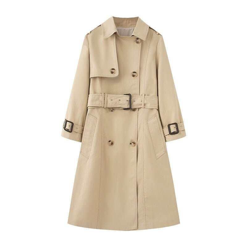 Elegant Trench Coat for Women - Belted, Long Sleeve, Solid Color, Available in Dark Red and Deep Khaki - Allen-Fitness