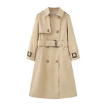 Elegant Trench Coat for Women - Belted, Long Sleeve, Solid Color, Available in Dark Red and Deep Khaki - Allen-Fitness