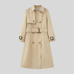 Elegant Trench Coat for Women - Belted, Long Sleeve, Solid Color, Available in Dark Red and Deep Khaki - Allen-Fitness