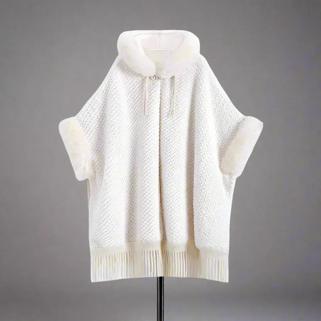 Elegant White Buckle Hooded Hanfu Shawl Cloak with Twill Rabbit Fur and Tassel Details - Allen-Fitness