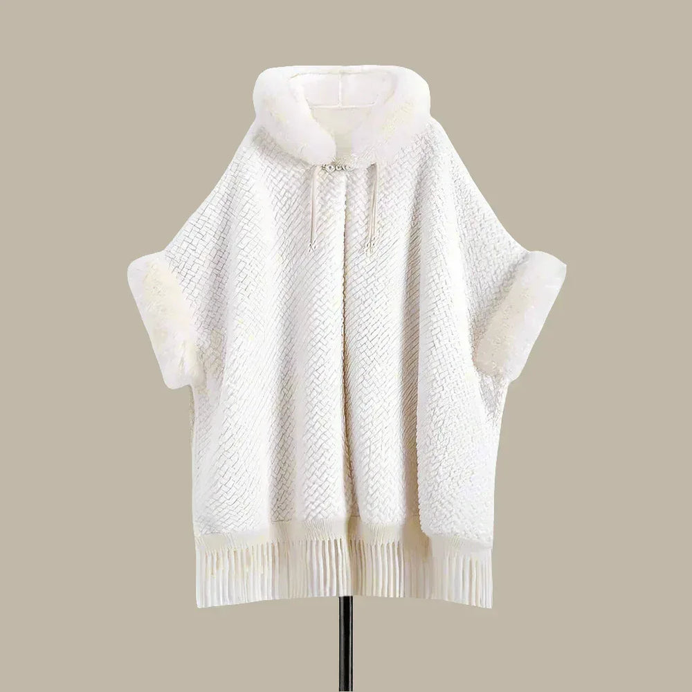 Elegant White Buckle Hooded Hanfu Shawl Cloak with Twill Rabbit Fur and Tassel Details - Allen-Fitness