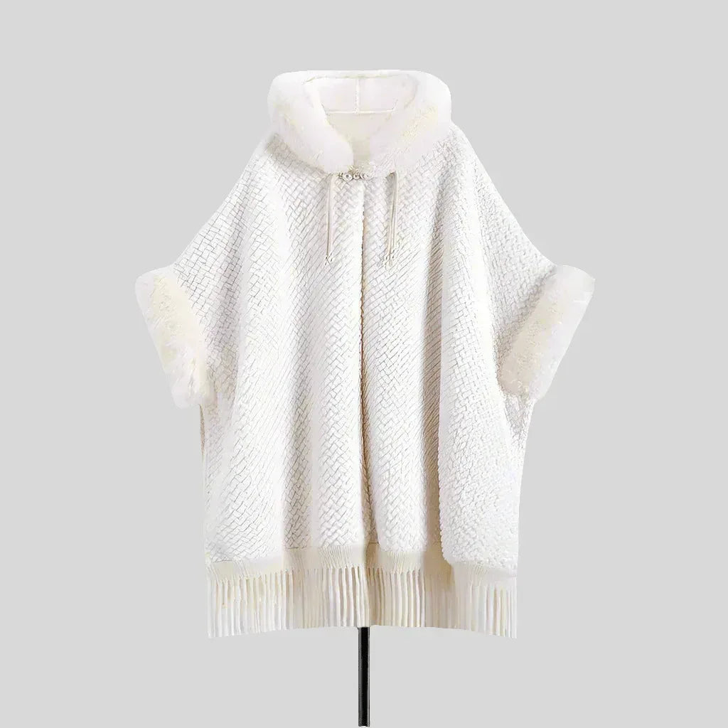 Elegant White Buckle Hooded Hanfu Shawl Cloak with Twill Rabbit Fur and Tassel Details - Allen-Fitness