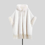 Elegant White Buckle Hooded Hanfu Shawl Cloak with Twill Rabbit Fur and Tassel Details - Allen-Fitness