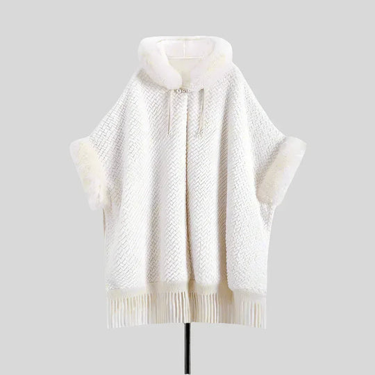 Elegant White Buckle Hooded Hanfu Shawl Cloak with Twill Rabbit Fur and Tassel Details - Allen-Fitness