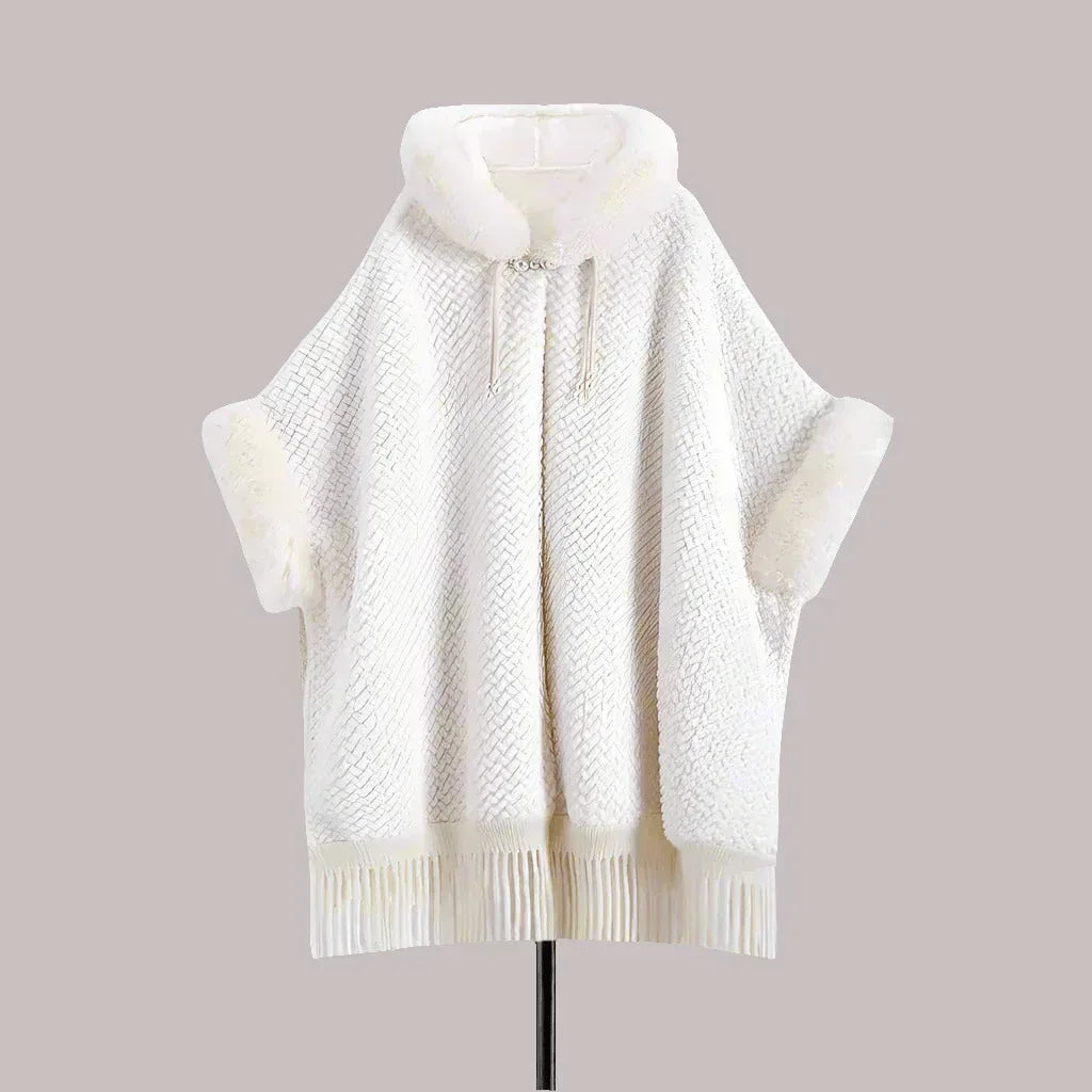 Elegant White Buckle Hooded Hanfu Shawl Cloak with Twill Rabbit Fur and Tassel Details - Allen-Fitness