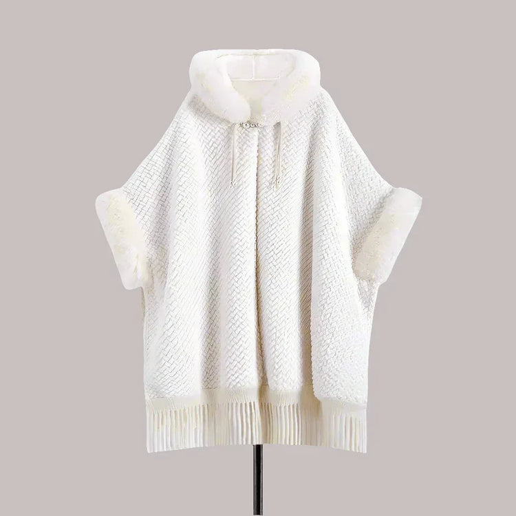 Elegant White Buckle Hooded Hanfu Shawl Cloak with Twill Rabbit Fur and Tassel Details - Allen-Fitness