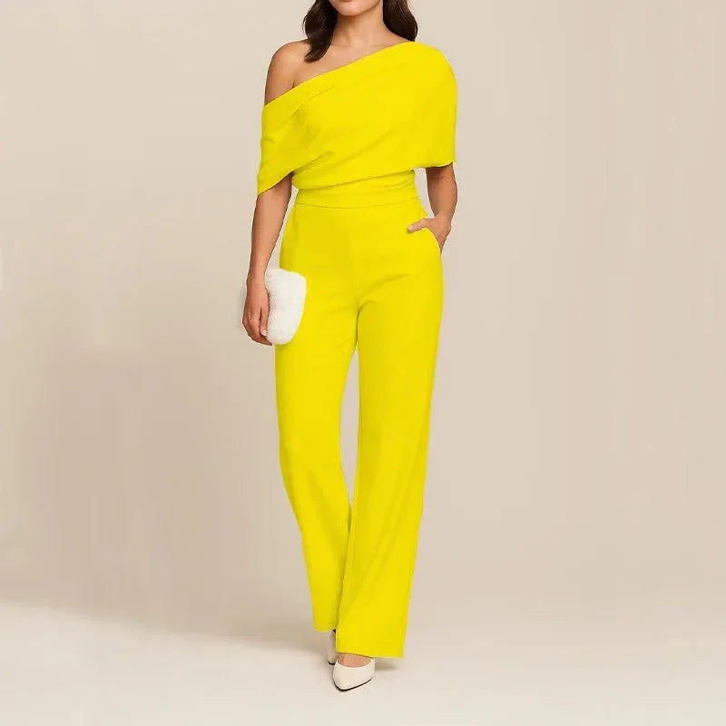 Elegant Women's Slimming Jumpsuit - One-Shoulder, High Waist, Medium Elasticity, Multiple Colors - Allen-Fitness