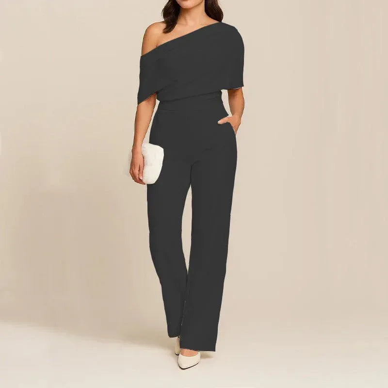 Elegant Women's Slimming Jumpsuit - One-Shoulder, High Waist, Medium Elasticity, Multiple Colors - Allen-Fitness