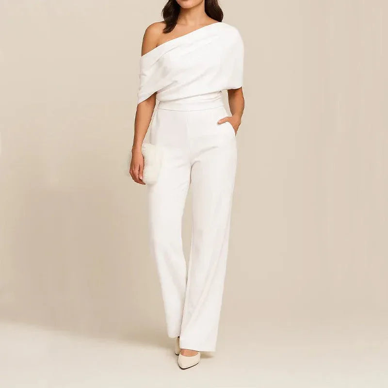 Elegant Women's Slimming Jumpsuit - One-Shoulder, High Waist, Medium Elasticity, Multiple Colors - Allen-Fitness