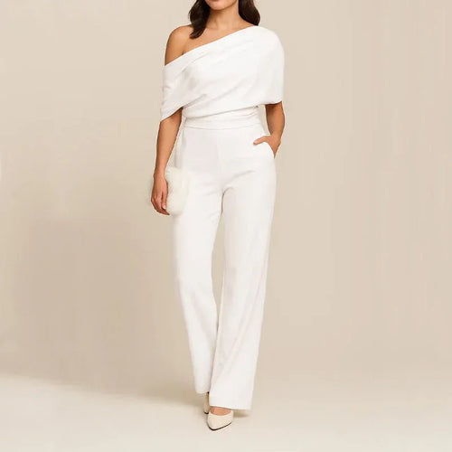 Elegant Women's Slimming Jumpsuit - One-Shoulder, High Waist, Medium Elasticity, Multiple Colors
