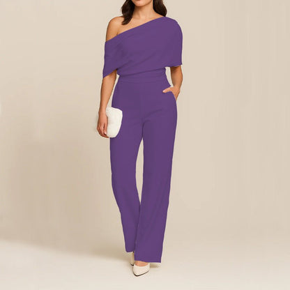 Elegant Women's Slimming Jumpsuit - One - Shoulder, High Waist, Medium Elasticity, Multiple Colors - Allen - Fitness