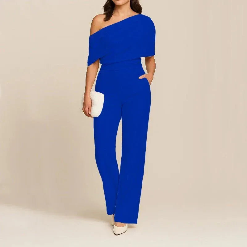 Elegant Women's Slimming Jumpsuit - One-Shoulder, High Waist, Medium Elasticity, Multiple Colors - Allen-Fitness