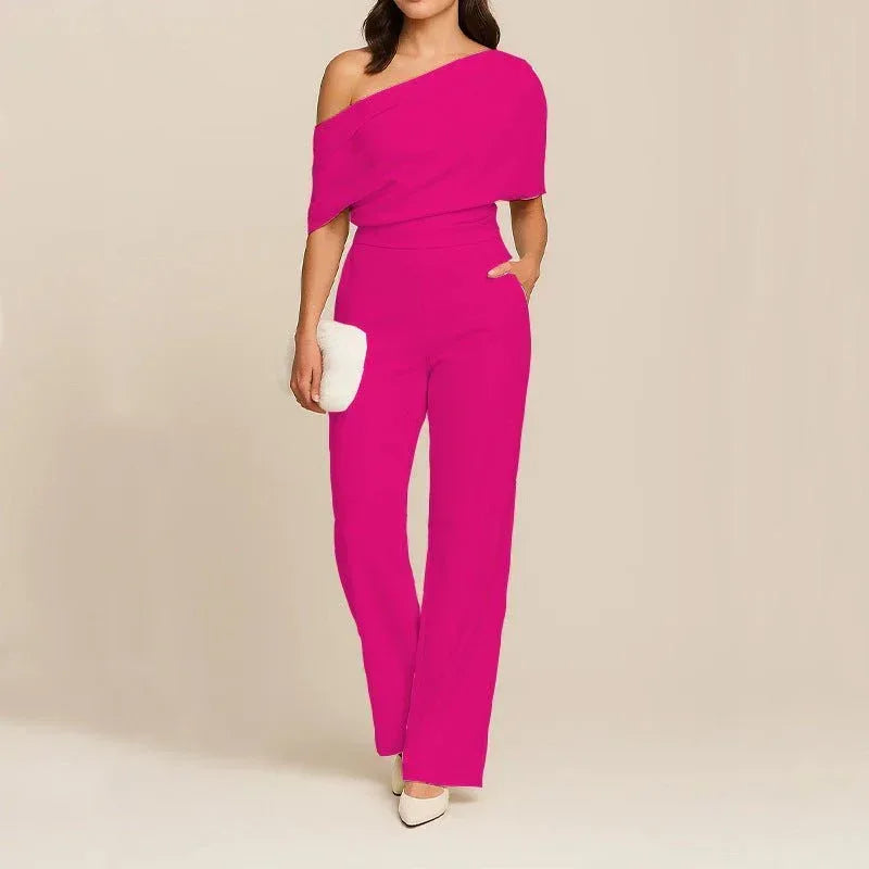 Elegant Women's Slimming Jumpsuit - One-Shoulder, High Waist, Medium Elasticity, Multiple Colors - Allen-Fitness