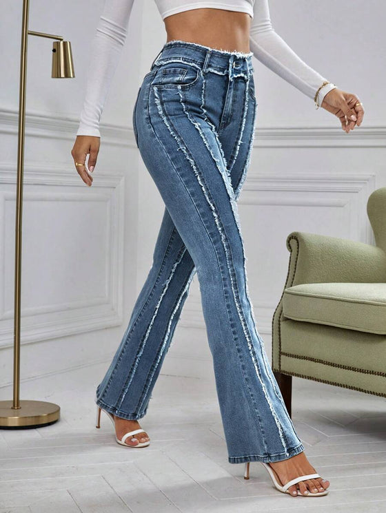 Essnce Women Casual Fringed Denim Flared Pants, Versatile For Autumn