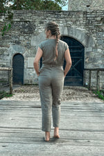 Olive Green Jumpsuit with V-Neck, Micro Sleeves, and Tapered Legs by DC-Reistor - Allen-Fitness