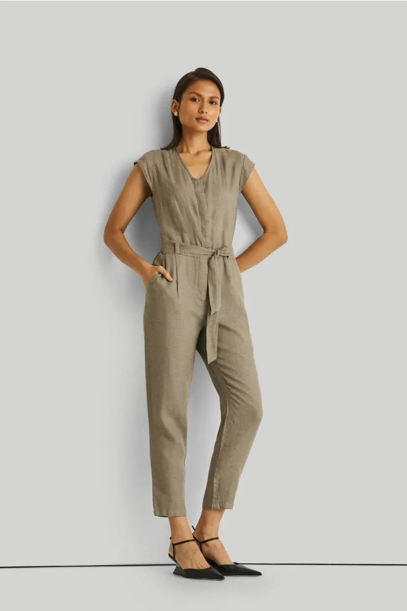 Olive Green Jumpsuit with V-Neck, Micro Sleeves, and Tapered Legs by DC-Reistor - Allen-Fitness