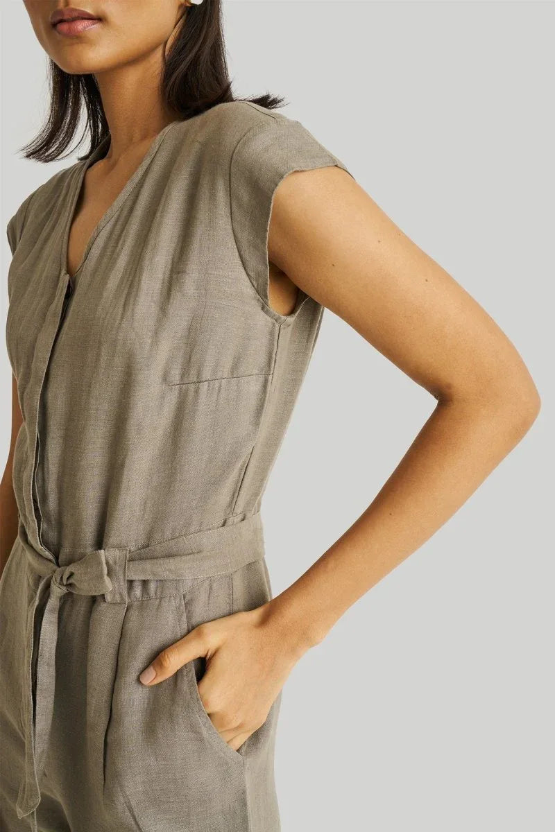Olive Green Jumpsuit with V-Neck, Micro Sleeves, and Tapered Legs by DC-Reistor - Allen-Fitness