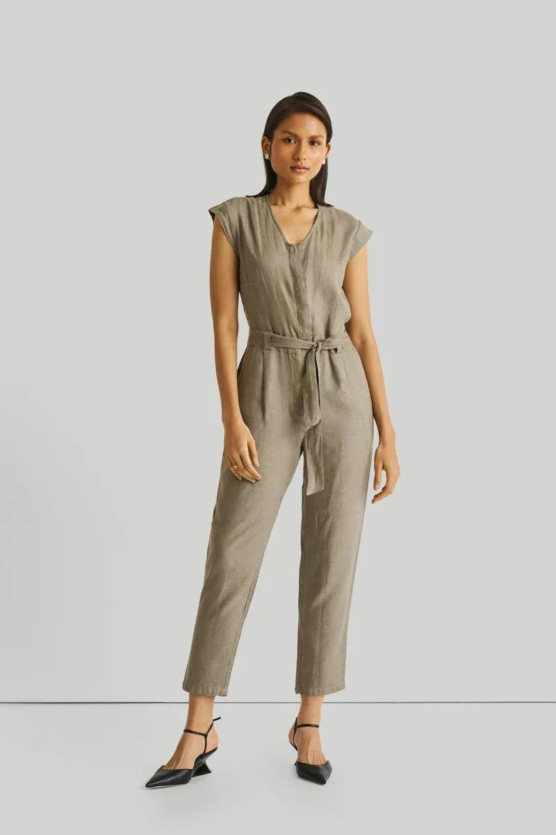 Olive Green Jumpsuit with V-Neck, Micro Sleeves, and Tapered Legs by DC-Reistor - Allen-Fitness
