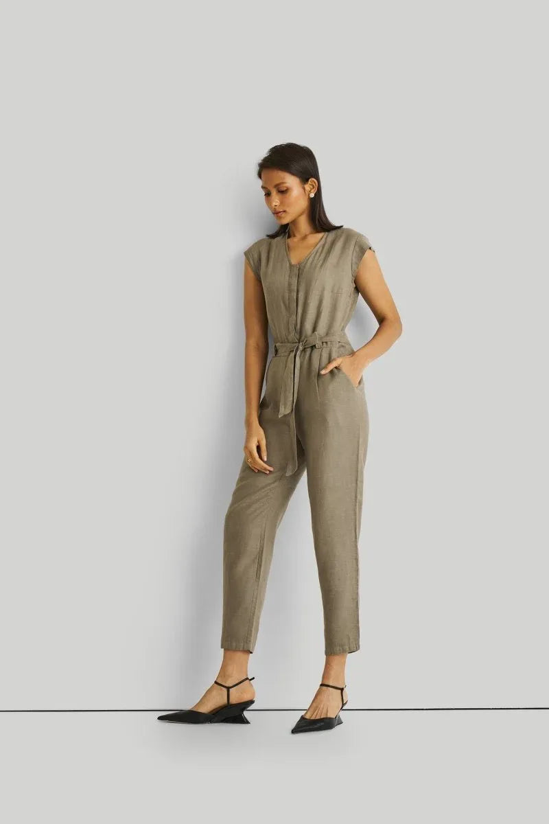 Olive Green Jumpsuit with V-Neck, Micro Sleeves, and Tapered Legs by DC-Reistor - Allen-Fitness