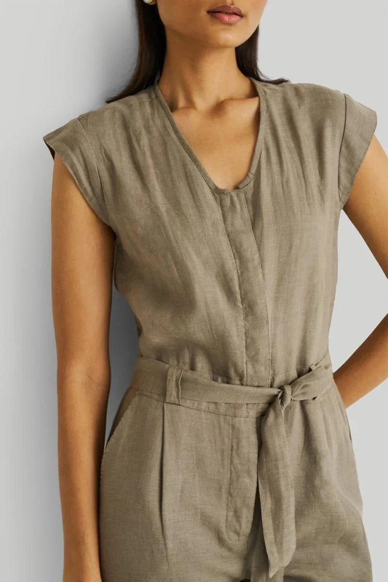 Olive Green Jumpsuit with V-Neck, Micro Sleeves, and Tapered Legs by DC-Reistor - Allen-Fitness