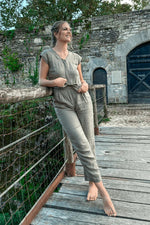 Olive Green Jumpsuit with V-Neck, Micro Sleeves, and Tapered Legs by DC-Reistor - Allen-Fitness