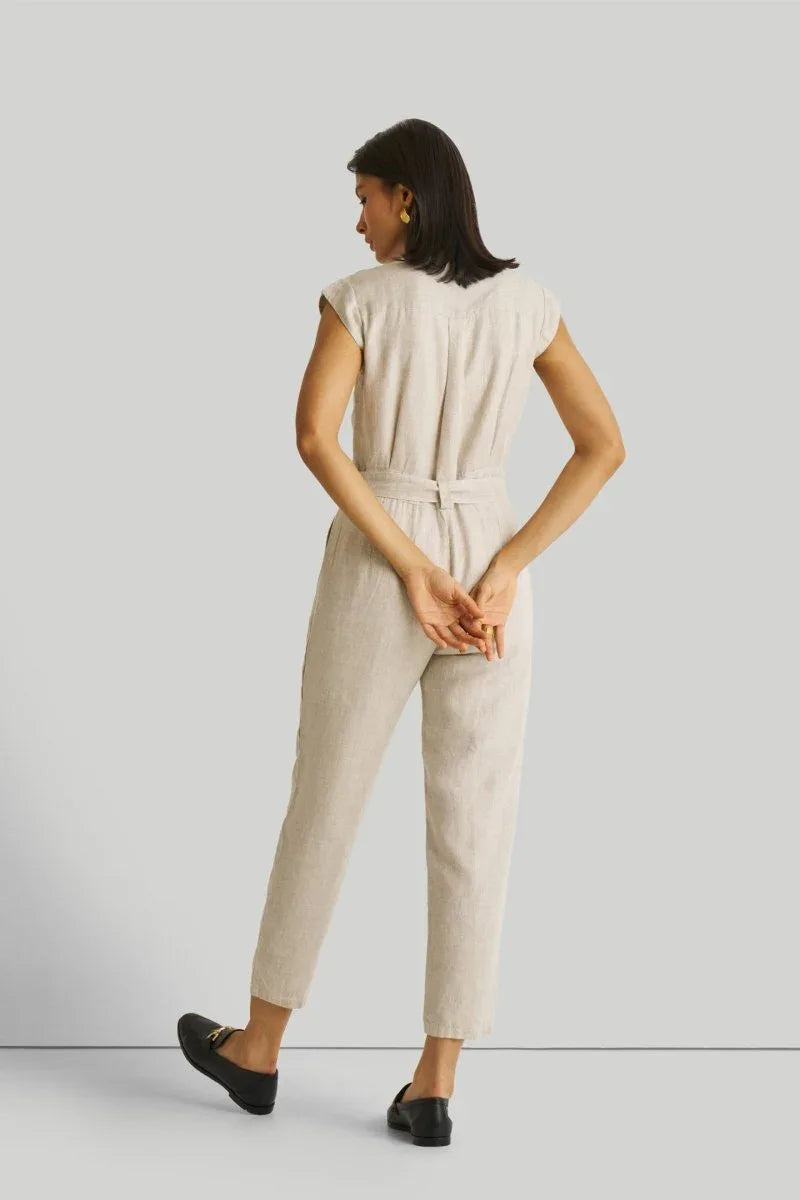 Light Beige Jumpsuit with V-Neck and Straight-Cut Legs | 100% Hemp for All-Day Comfort - Allen-Fitness