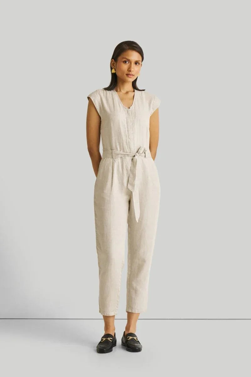Light Beige Jumpsuit with V-Neck and Straight-Cut Legs | 100% Hemp for All-Day Comfort - Allen-Fitness