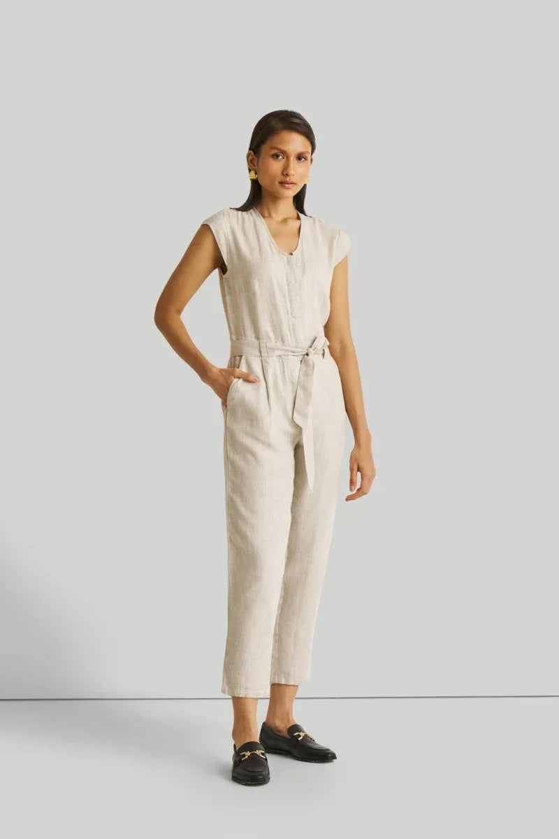Light Beige Jumpsuit with V-Neck and Straight-Cut Legs | 100% Hemp for All-Day Comfort - Allen-Fitness