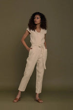 Stylish Neutral Beige Jumpsuit – V-Neck Design, Tapered Legs, Hemp Fabric - Allen-Fitness