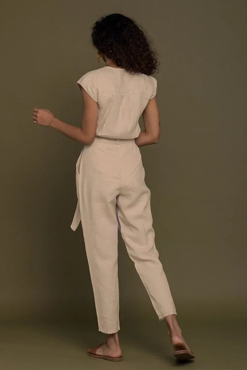 Stylish Neutral Beige Jumpsuit – V-Neck Design, Tapered Legs, Hemp Fabric - Allen-Fitness