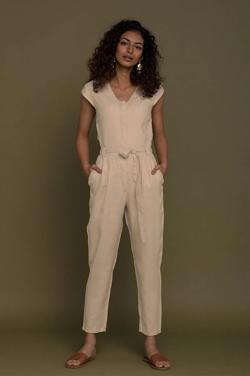 Stylish Neutral Beige Jumpsuit – V-Neck Design, Tapered Legs, Hemp Fabric - Allen-Fitness