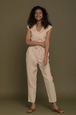 Stylish Neutral Beige Jumpsuit – V-Neck Design, Tapered Legs, Hemp Fabric - Allen-Fitness