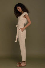 Stylish Neutral Beige Jumpsuit – V-Neck Design, Tapered Legs, Hemp Fabric - Allen-Fitness