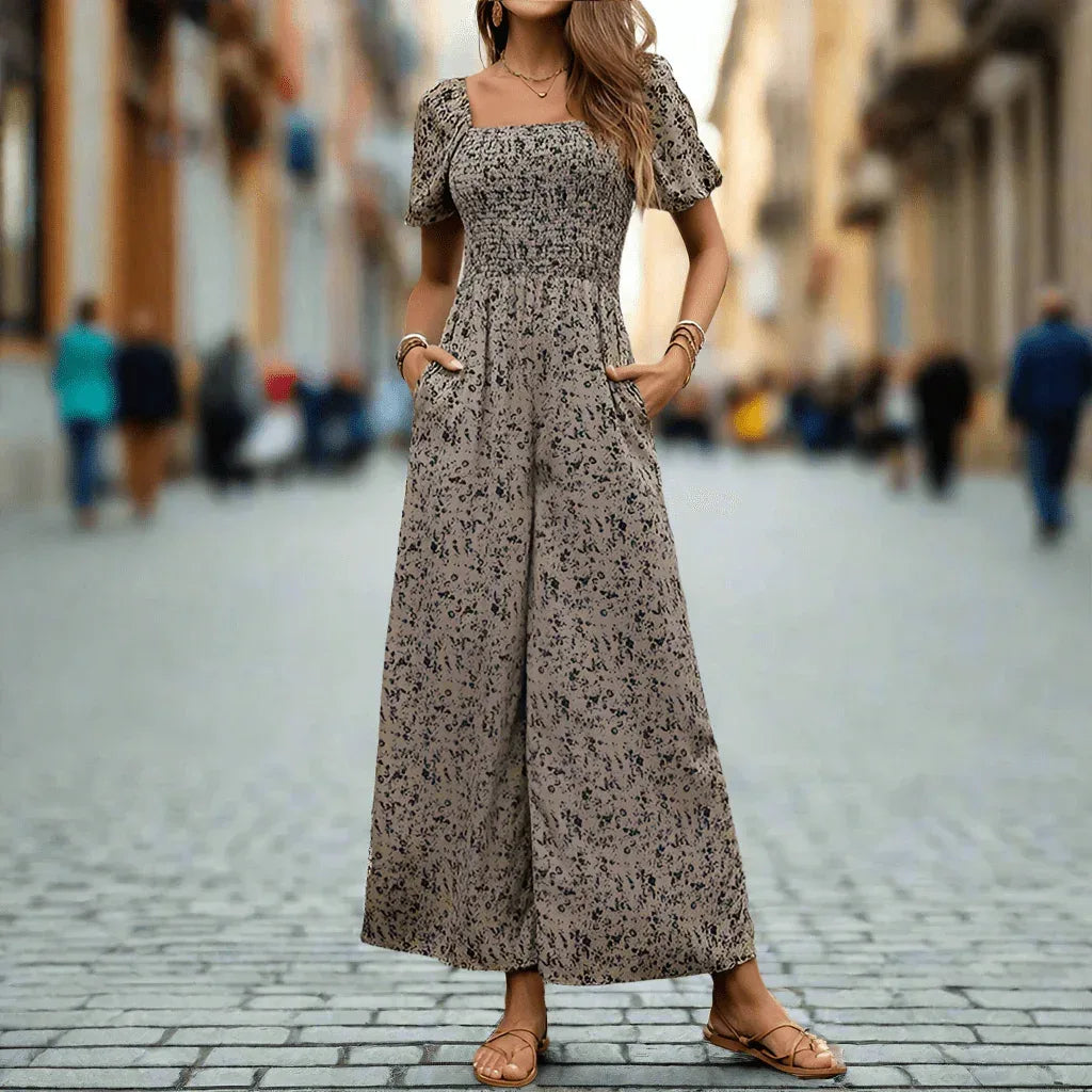 Fashion Commuting Style Jumpsuit for Women - Printed Wide-Leg Pants in Apricot, S-XL - Allen-Fitness