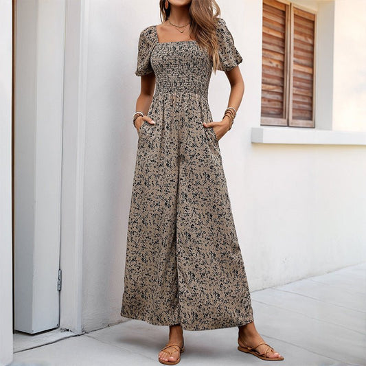Fashion Commuting Style Jumpsuit for Women - Printed Wide - Leg Pants in Apricot, S - XL - Allen - Fitness