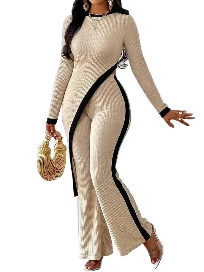 Fashionable Long Sleeve Contrasting Side Split Shirt for Stylish Comfort - Off-White - Allen-Fitness